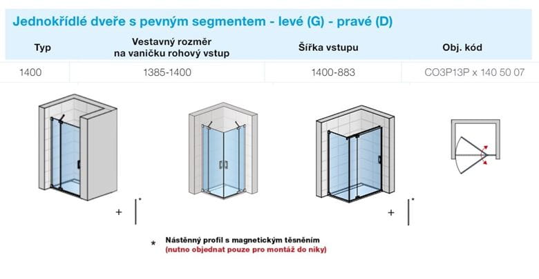 CONCEPT 300 STYLE sprchové dvere 140x200 cm, lietacie, ľavé, aluchróm/číre sklo CO3P13P G 140 50 07 Technický nákres