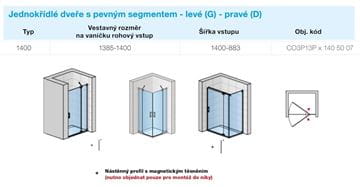 CONCEPT 300 STYLE sprchové dvere 140x200 cm, lietacie, pravé, aluchróm/číre sklo CO3P13P D 140 50 07 Technický nákres