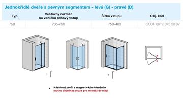CONCEPT 300 STYLE sprchové dvere 75x200 cm, lietacie, pravé, aluchróm/číre sklo CO3P13P D 075 50 07 Technický nákres