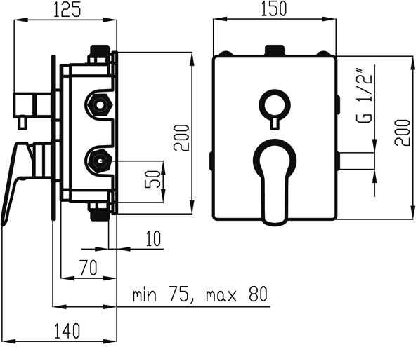 NOVASERVIS METALIA 54 podomietková batéria, pre 3 spotrebiče, s telesom, chróm BOX54051RX,0 Technický nákres