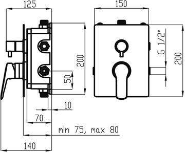 NOVASERVIS METALIA 54 podomietková batéria, pre 3 spotrebiče, s telesom, chróm BOX54051RX,0 Technický nákres