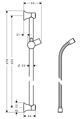 HANSGROHE UNICA CLASSIC sprchová tyč 678 mm s držiakom, hadica, chróm 27617000 Technický nákres
