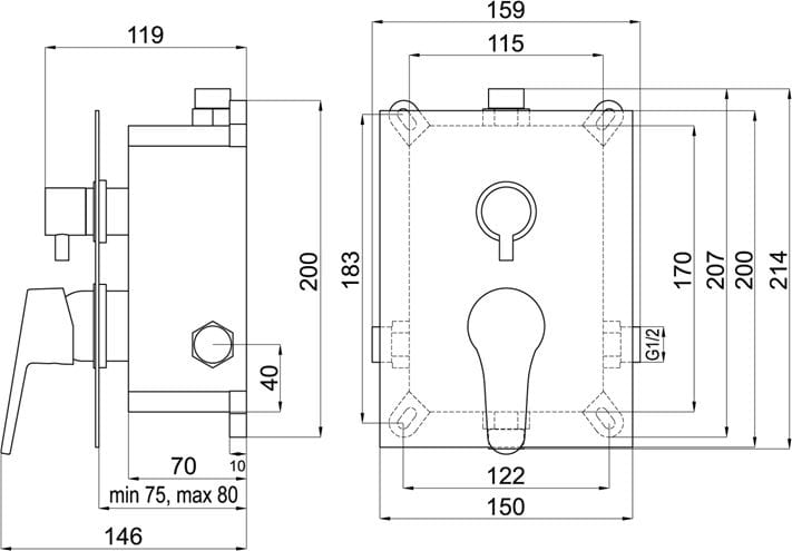 EASY PLUS NEON podomietková batéria, pre 2 spotrebiče, s telesom, chróm BOX93451R,0 Technický nákres