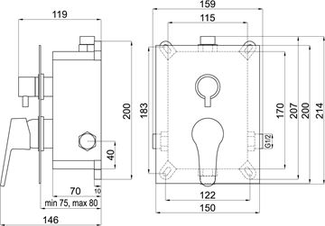 EASY PLUS NEON podomietková batéria, pre 2 spotrebiče, s telesom, chróm BOX93451R,0 Technický nákres