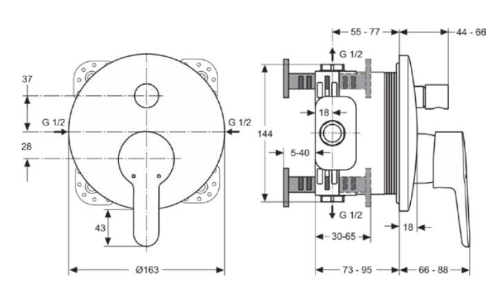 IDEAL STANDARD CONNECT BLUE vaňová podomietková batéria, s prepínačom, chróm A5802AA Technický nákres