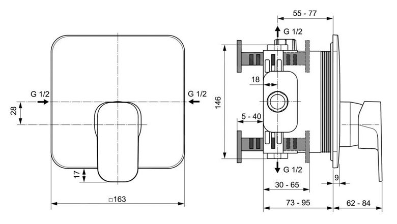 IDEAL STANDARD TONIC II sprchová podomietková batéria, chróm A6339AA Technický nákres