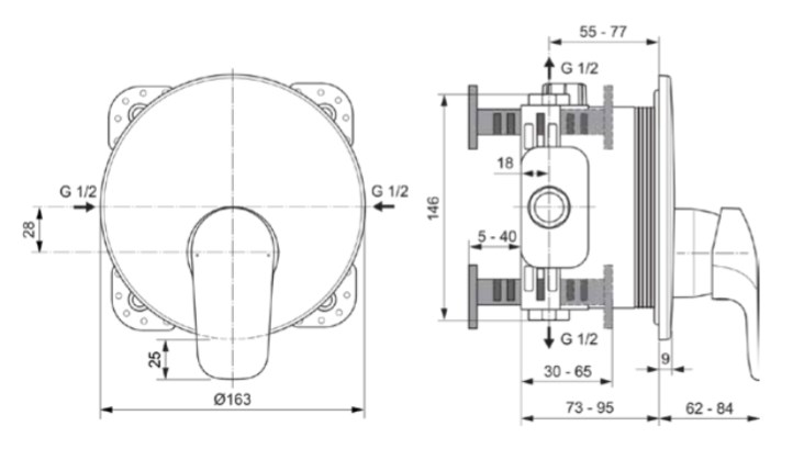 IDEAL STANDARD CERAFLEX sprchová podomíková batéria, chróm A6724AA Technický nákres