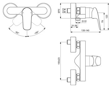 IDEAL STANDARD CERAFLEX sprchová nástenná batéria, chróm B1720AA Technický nákres
