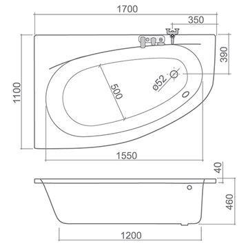 ROTH ISABELLA NEO rohová vaňa 170x110 cm, bez nožičiek, akrylát 9710000 Technický nákres