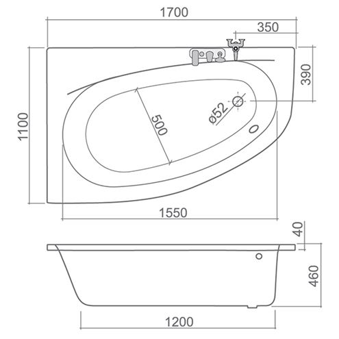 ROTH ISABELLA NEO rohová vaňa 170x110 cm, bez nožičiek, akrylát 9710000 Technický nákres