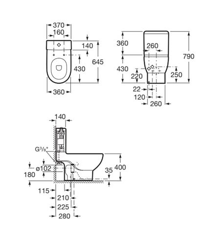 ROCA MERIDIAN WC kombi nádržka, spodný prívod vody, Dual-Flush A341240000 Technický nákres