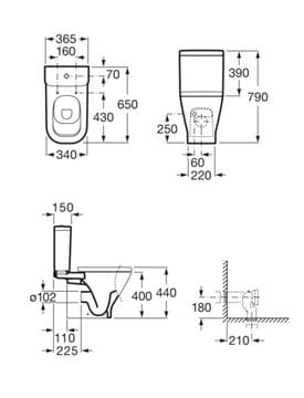 ROCA THE GAP WC kombi misa, zadný odpad A342477000 Technický nákres