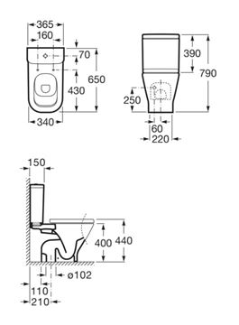 ROCA THE GAP WC kombi misa, spodný odpad A342478000 Technický nákres