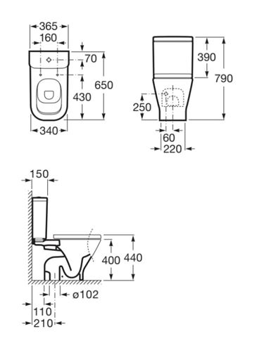 ROCA THE GAP WC kombi misa, spodný odpad A342478000 Technický nákres