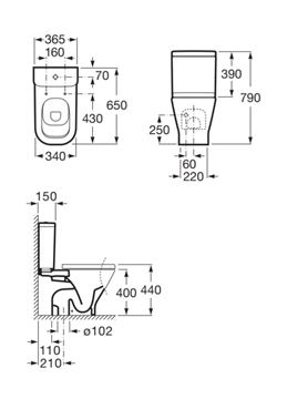 ROCA THE GAP WC kombi nádržka, spodný prívod vody, Dual-Flush A341470000 Technický nákres