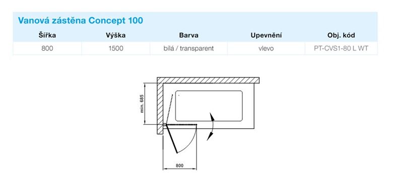 CONCEPT 100 vaňová zástena 80x150 cm, ľavá, lietacia, biela/sklo číre PT-CVS1-80 L WT Technický nákres