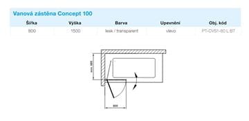CONCEPT 100 vaňová zástena 80x150 cm, ľavá, lietacia, bright alu/sklo číre PT-CVS1-80 L BT Technický nákres