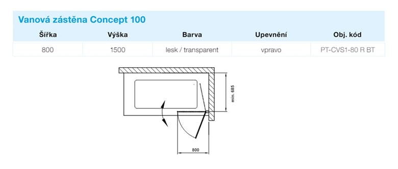 CONCEPT 100 vanová zástena 80x150 cm, pravé, lietacie, bright alu/sklo číre PT-CVS1-80 R BT Technický nákres