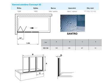 CONCEPT 50 VS3 vaňová zástena 130x140 cm, skladacia, biela/plast santro PT-VS3-130 WS Technický nákres