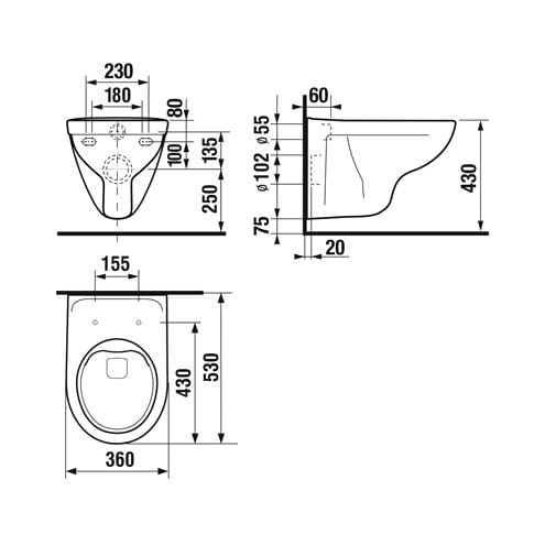 JIKA LYRA PLUS závesné WC, Rimless splachovanie H8213840000001 Technický nákres