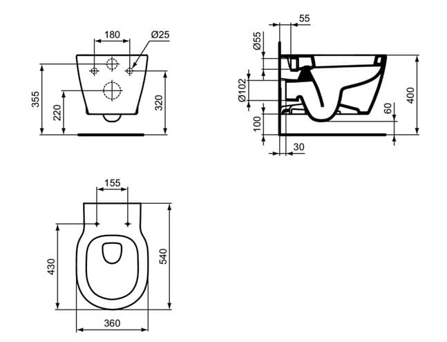 CONCEPT CUBE závesné WC, alpská biela E785001 Technický nákres