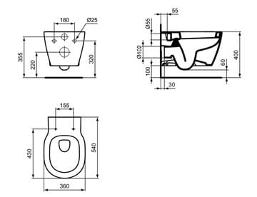 CONCEPT CUBE závesné WC, alpská biela E785001 Technický nákres