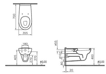 CONCEPT 100 bezbariérové závesné WC, ploché splachovanie, alpská biela 5811B003-0075 Technický nákres