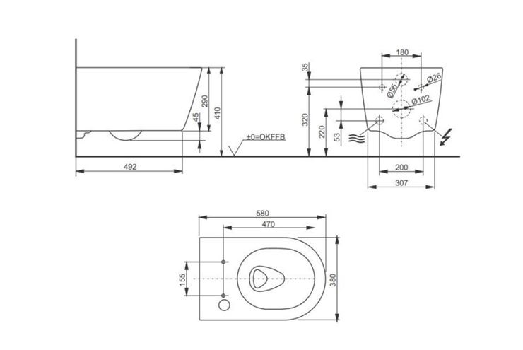 CONCEPT 200, 300 závesné WC, Rimless splachovanie 522ERY-CON-WC-S Technický nákres