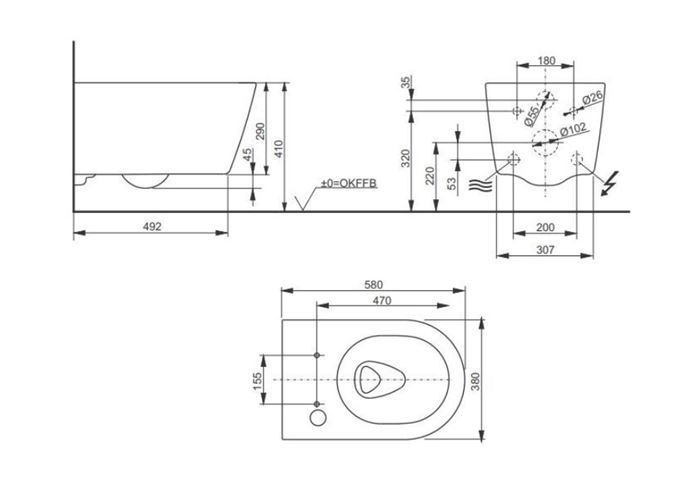 CONCEPT 200, 300 závesné WC, Rimless splachovanie 542EY-CON-WC-R Technický nákres