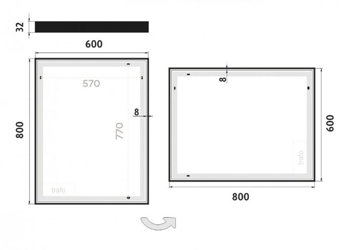 NIMCO 13000 zrkadlo 60x80 cm, reverzibilné, s osvetlením ZPC 13002-90 Technický nákres