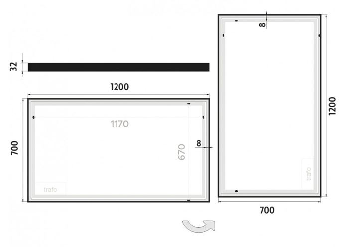 NIMCO 13000 zrkadlo 120x70 cm, reverzibilné, s osvetlením ZPC 13006-90 Technický nákres