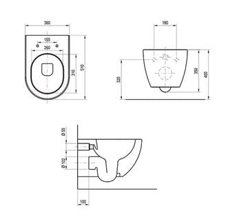 RAVAK UNI CHROME závesné WC, RimOff splachovanie X01535 Technický nákres