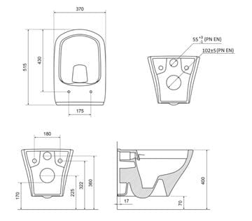 RAVAK CLASSIC závesné WC, RimOff splachovanie X01671 Technický nákres