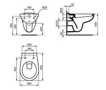 IDEAL STANDARD EUROVIT závesné WC V390601 Technický nákres