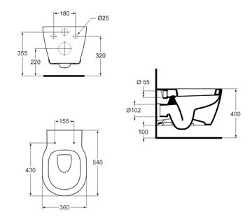 IDEAL STANDARD CONNECT závesné WC, Ideal Plus E8232MA Technický nákres