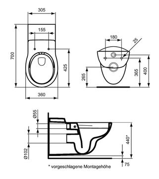 IDEAL STANDARD CONTOUR 21 bezbariérové závesné WC, Rimless splachovanie S306901 Technický nákres