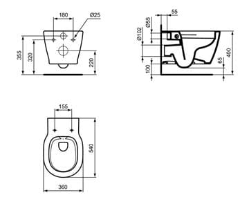 IDEAL STANDARD CONNECT závesné WC, Rimless splachovanie E817401 Technický nákres