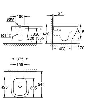 GROHE EURO CERAMIC závesné WC, Rimless splachovanie, alpská biela 39538000 Technický nákres
