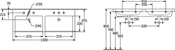 VILLEROY & BOCH VERITY EXCLUSIVE dvojumývadlo 130 cm, s 2 otvormi pre batérie a prepadom, CeramicPlus, alpská biela 5A29D5R1 Technický nákres