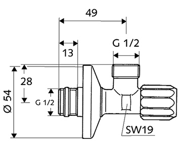 SCHELL rohový ventil 1/2"x1/2", s filtrom, chróm 054310699 Technický nákres