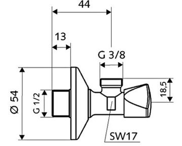 SCHELL SANLAND rohový ventil 1/2"x3/8", so sitkom, chróm 970580000 Technický nákres