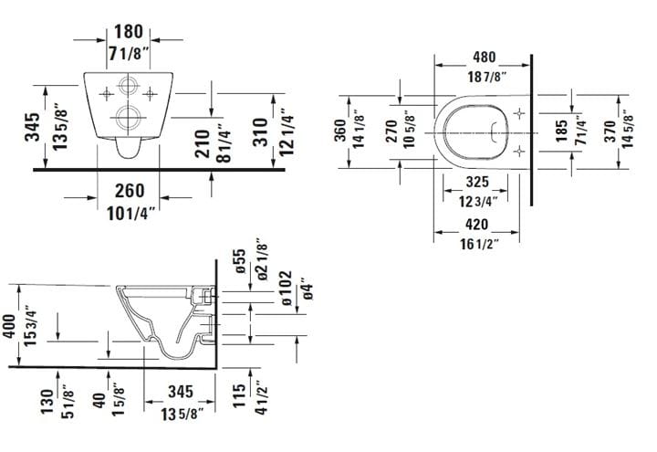 DURAVIT D-NEO závesné WC, Rimless splachovanie 2587090000 Technický nákres