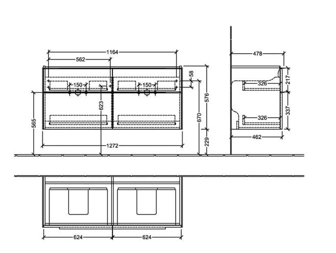 VILLEROY & BOCH VERITY EXCLUSIVE skrinka pod dvojumývadlo 127,2x47,8x57,6 cm, 4 zásuvky, Kansas Oak C25700RH Technický nákres