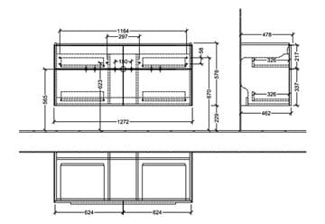 VILLEROY & BOCH VERITY EXCLUSIVE skrinka pod umývadlo 127,2x47,8x57,6 cm, 4 zásuvky, Brilliant White C25800VE Technický nákres