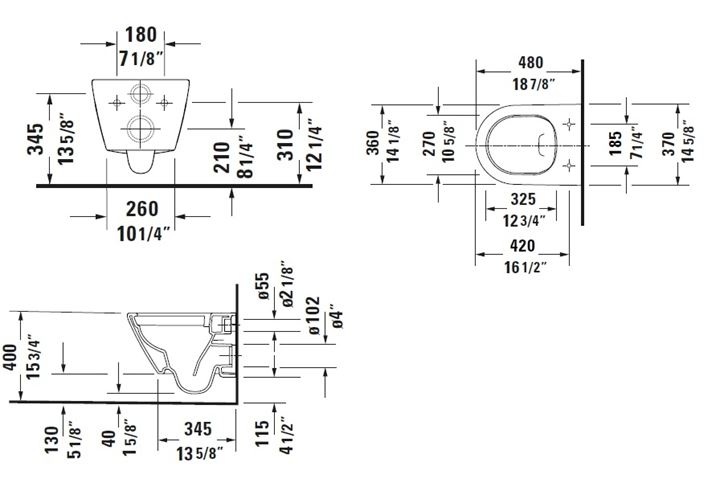 DURAVIT D-NEO závesné WC, Rimless splachovanie, HygieneGlaze 2587092000 Technický nákres