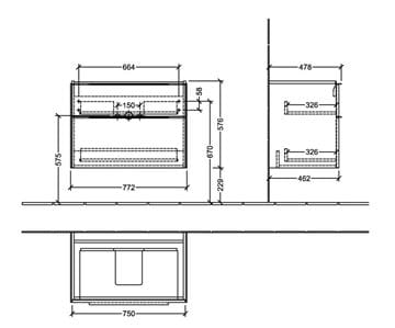 VILLEROY & BOCH VERITY EXCLUSIVE skrinka pod umývadlo 77,2x47,8x57,6 cm, 2 zásuvky, Kansas Oak C26000RH Technický nákres