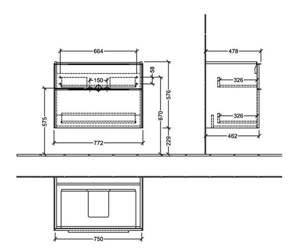 VILLEROY & BOCH VERITY EXCLUSIVE skrinka pod umývadlo 77,2x47,8x57,6 cm, 2 zásuvky, Kansas Oak C26000RH Technický nákres
