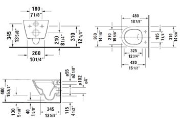 DURAVIT D-NEO závesné WC, so Softclose sedadlom, Rimless splachovanie 45870900A1 Technický nákres