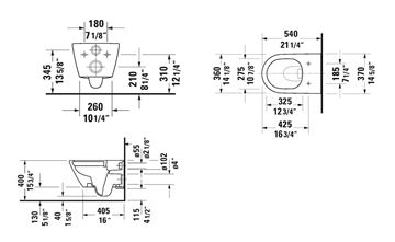 DURAVIT D-NEO závesné WC, Rimless splachovanie, WonderGliss 25780900001 Technický nákres