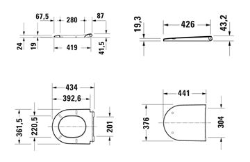 DURAVIT D-NEO závesné WC, so SoftClose sedátkom, Rimless splachovanie 45780900A1 Technický nákres
